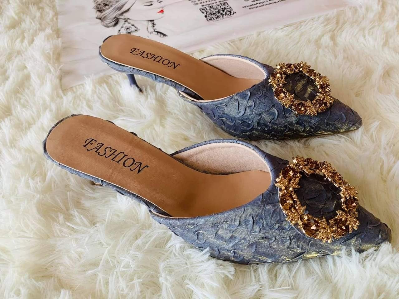 Half-slippers women's summer outer wear rhinestone round buckle pointed stiletto slippers