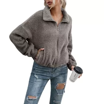 Women Short Plush Jacket, Simple Solid Color Zipper Closure Elastic Drawstring Autumn and Winter Clo