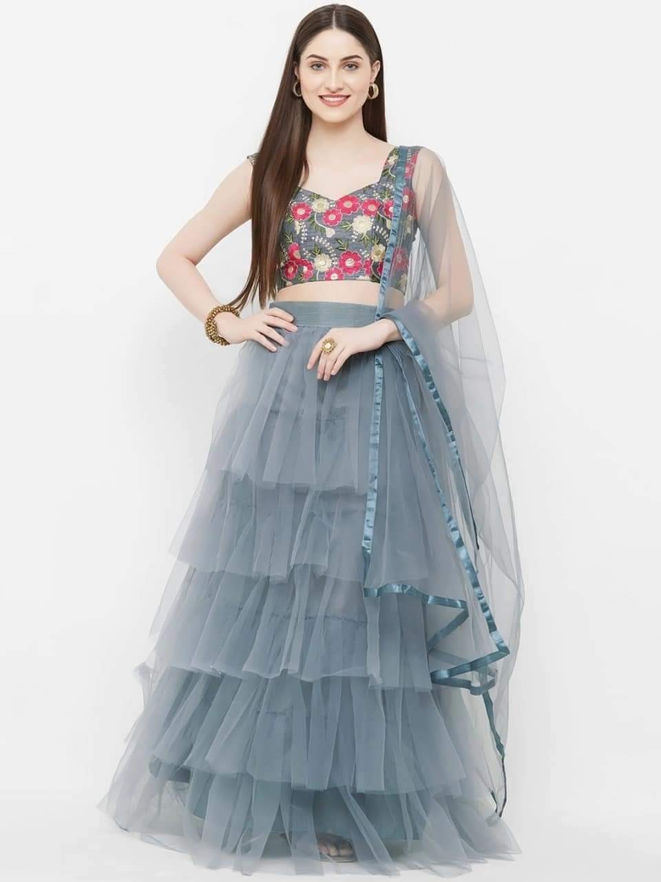 Ready Made Exclusive Design Lehega and Semi Stitched Embroidery Work Blouse with Net Dupatta Party Dress for Woman