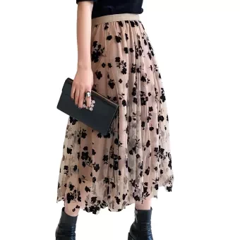 Women Tutu Tulle Skirts, Elastic High Waist Floral Print Mesh Overlay Layered A Line Midi Skirt