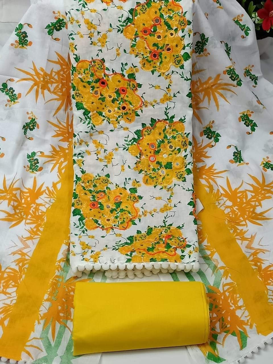 Yellow New Joypuri Ari Unstitched Fashionable Stylish Gorgeous Three Piece Set For Women Clothing Salwar Kamiz { 3 Piece }