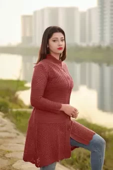 Women Maroon Jacquard Fashion Design Front-Open Sweater