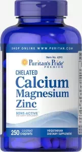 Puritans Pride Chelated Calcium Magnesium Zinc Caplets, supports Immune function, Bone health, Bone density supplement, 250 Count, USA